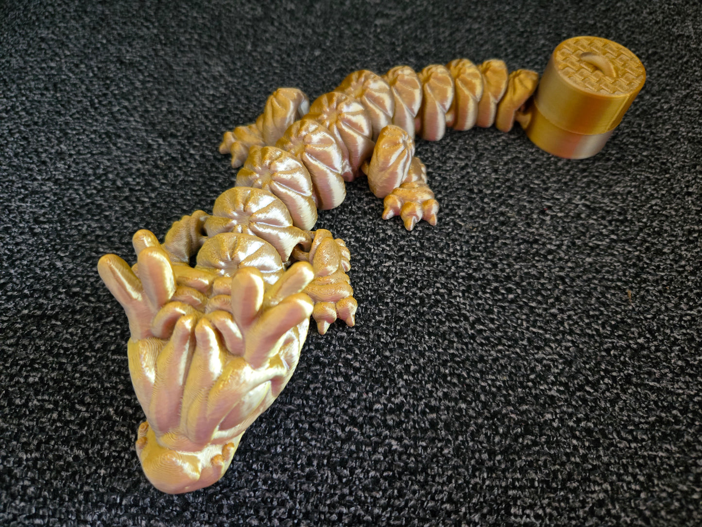 Dumpling Dragon articulated 3D printed figure full body view, colors may vary, made by Z Axis Rising
