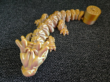Dumpling Dragon articulated 3D printed figure full body view, colors may vary, made by Z Axis Rising