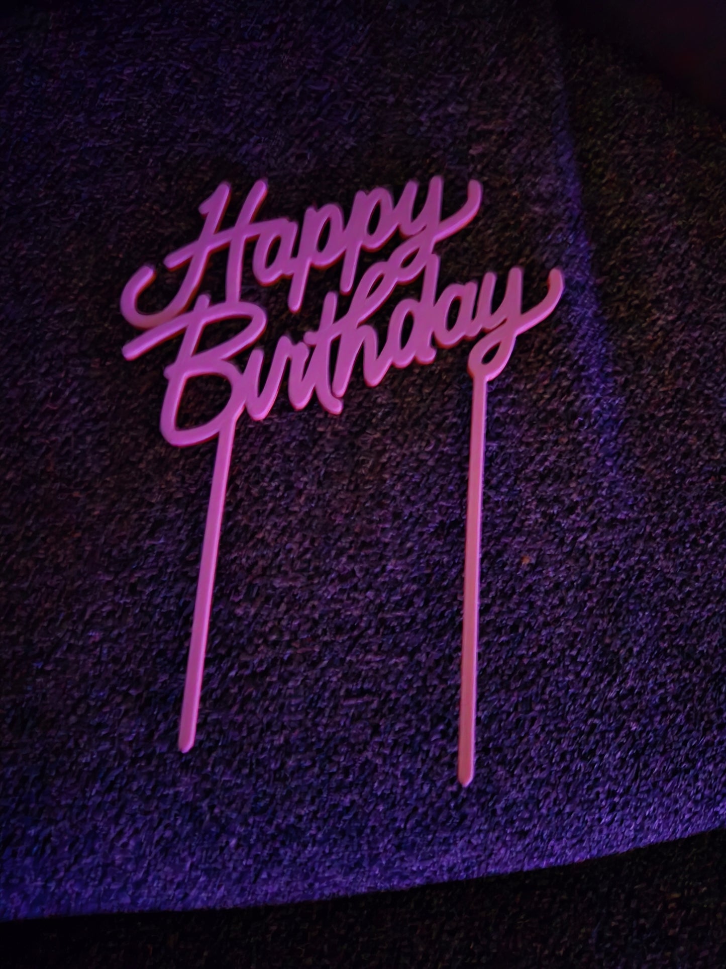3D printed Happy Birthday cake topper in flowing script style with two stakes for secure placement