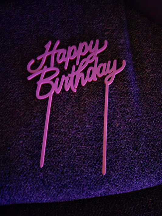 3D printed Happy Birthday cake topper in flowing script style with two stakes for secure placement