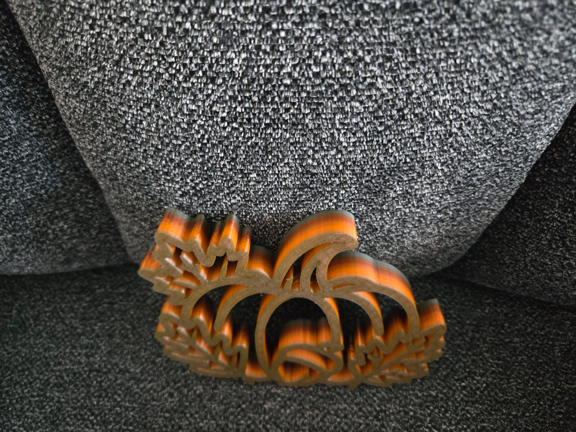 Close-up front view of 3D printed Pumpkin Harvest Scene showing multicolor blended orange and gold filament detail