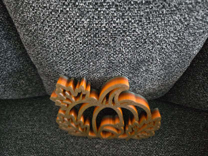 Close-up front view of 3D printed Pumpkin Harvest Scene showing multicolor blended orange and gold filament detail